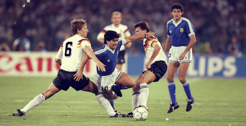 Argentina and West Germany battle in the 1990 World Cup Final at Italia 90