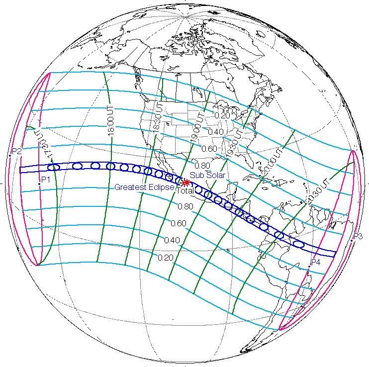 Path map of the July 11 1991 total solar eclipse across Hawaii, Mexico and Central America