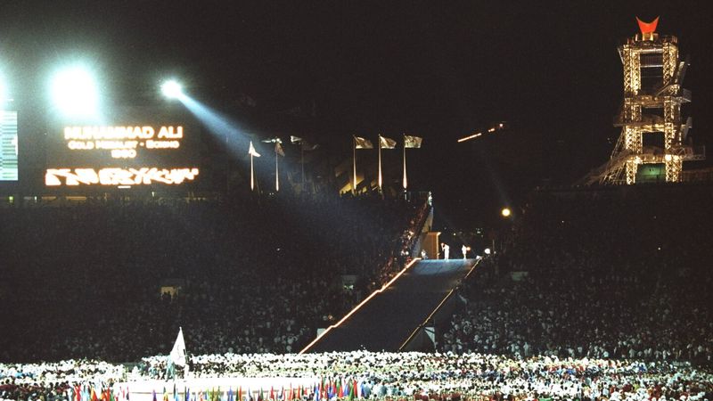 Centennial Olympic Stadium during the Atlanta 1996 opening ceremony with the cauldron tower lit