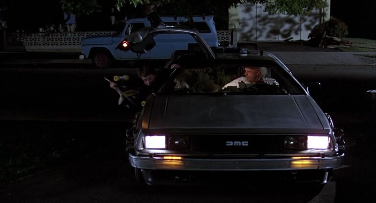 The DeLorean time machine at night in Back to the Future (1985)