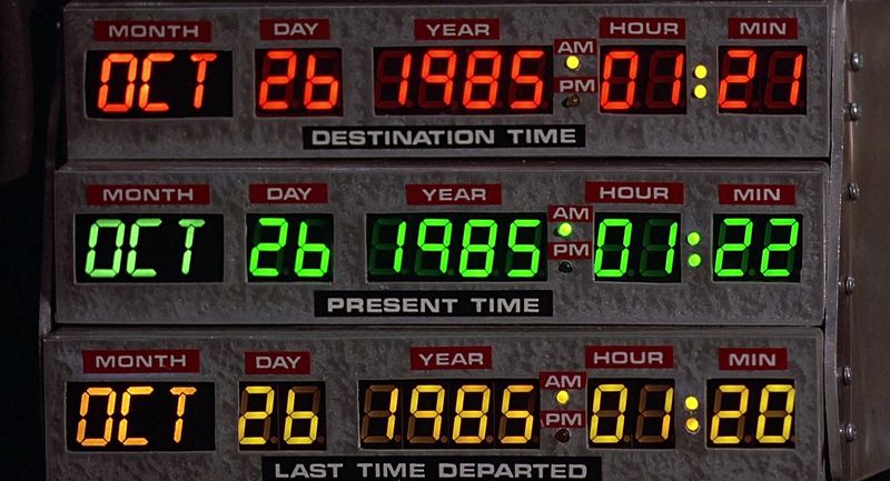 DeLorean time circuit display reading October 26 1985 in Back to the Future