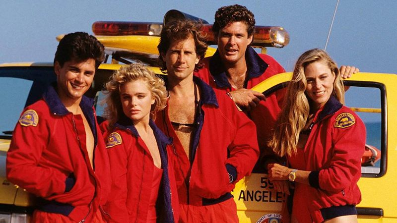The original 1989 Baywatch lifeguard cast in red jackets