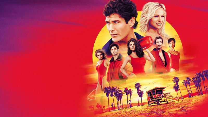 Baywatch TV show poster art with a lifeguard tower and palm trees