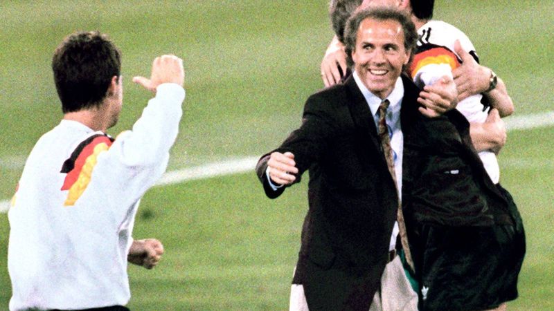 Franz Beckenbauer celebrates West Germany winning the 1990 World Cup Final