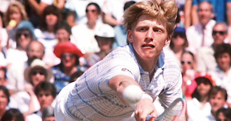 Boris Becker hits a forehand at the 1985 Wimbledon final