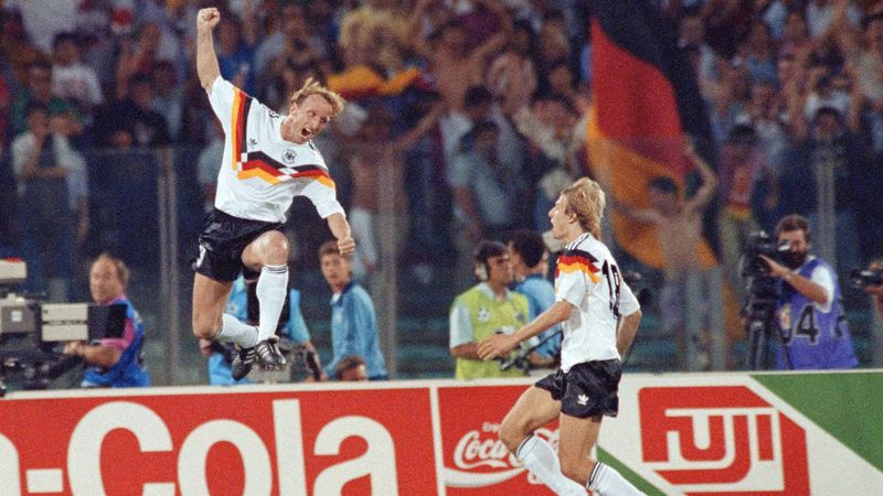 West Germany celebrates the winning goal in the 1990 World Cup Final