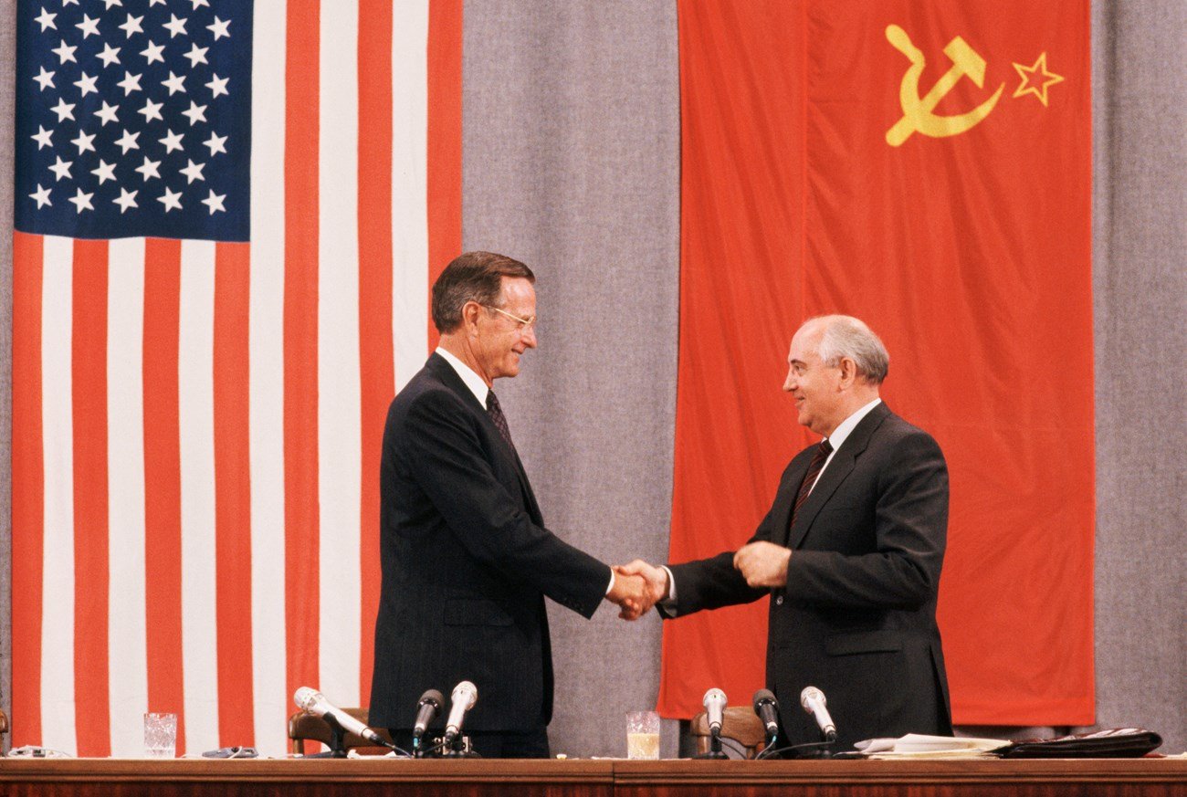 Presidents Bush and Gorbachev at a press conference following the START I treaty signing in Moscow, July 31, 1991