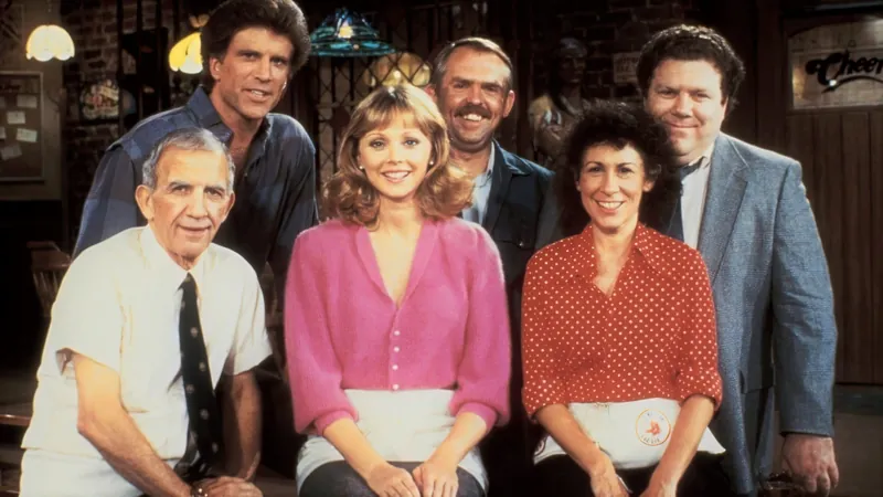 Cheers original cast with Coach and Diane in the bar