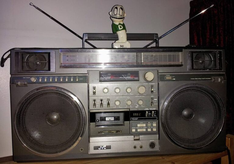 Classic silver JVC RC-M90 boombox from the 1980s with dual speakers