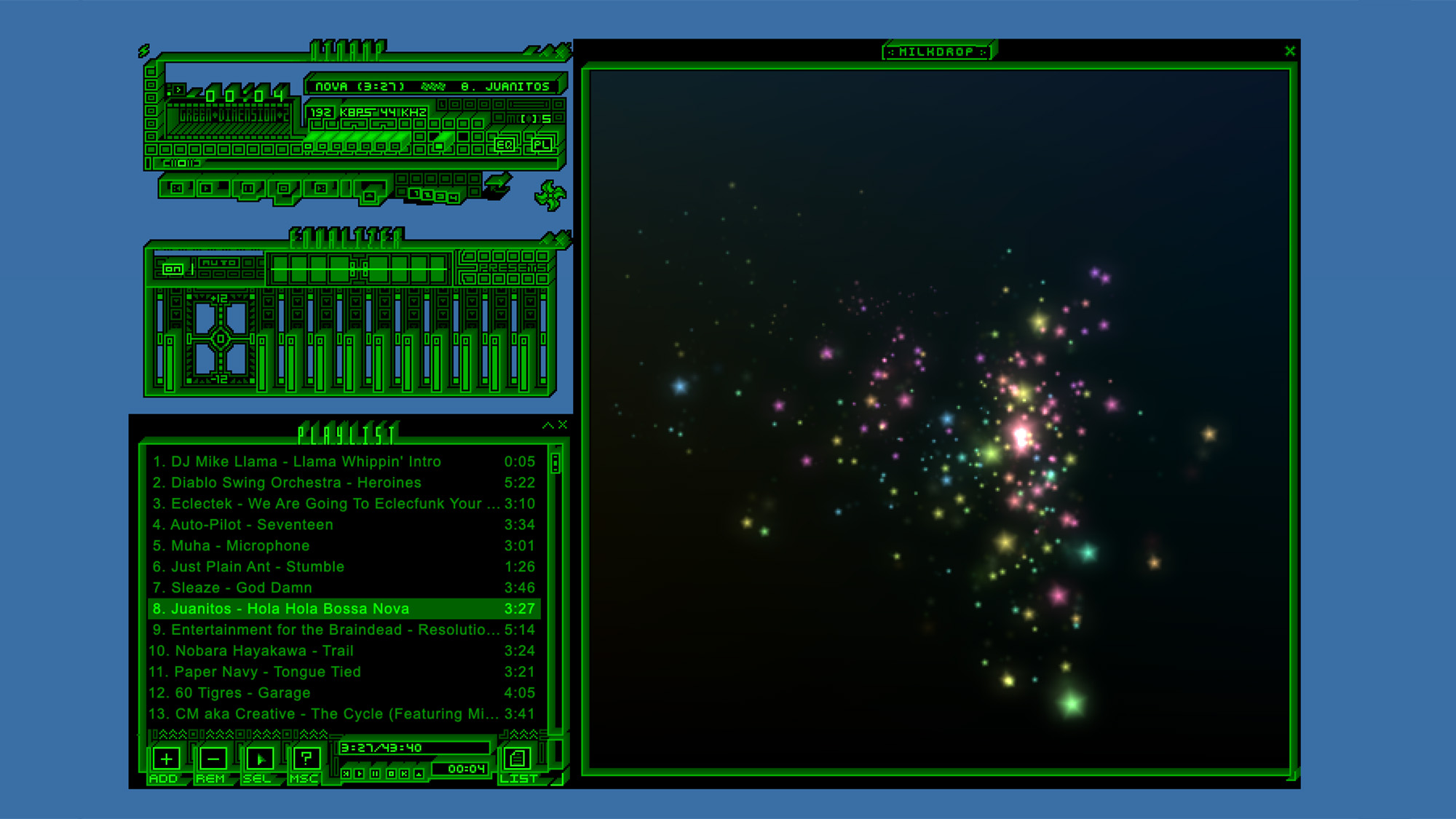 The classic green Winamp MP3 player interface with equalizer, playlist and visualizer