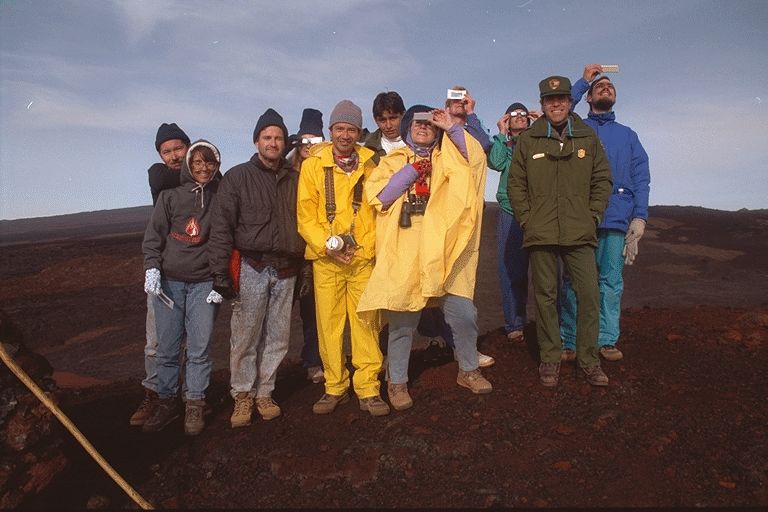 Eclipse chasers posing on Mauna Loa Hawaii during the July 11 1991 eclipse