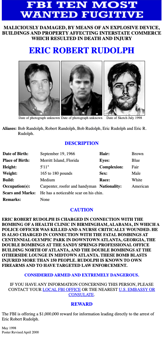 FBI Most Wanted poster Eric Rudolph April 2000 $1 million reward