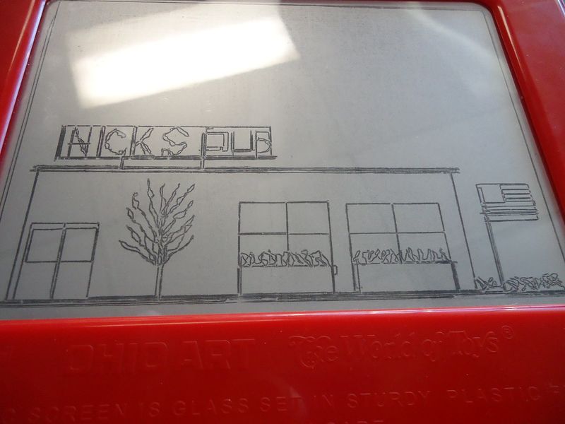 Etch A Sketch building drawing by Ohio Art on the Magic Screen