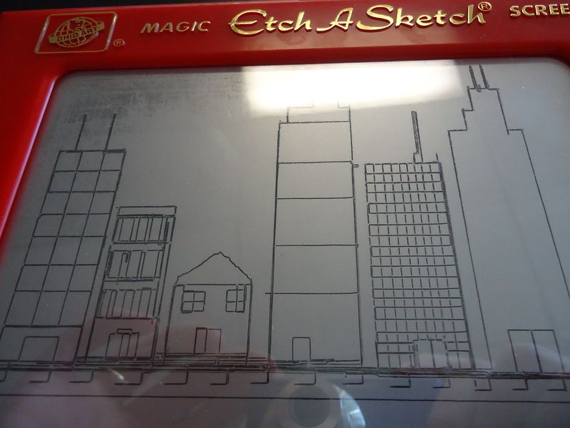 Detailed Etch A Sketch cityscape skyline art