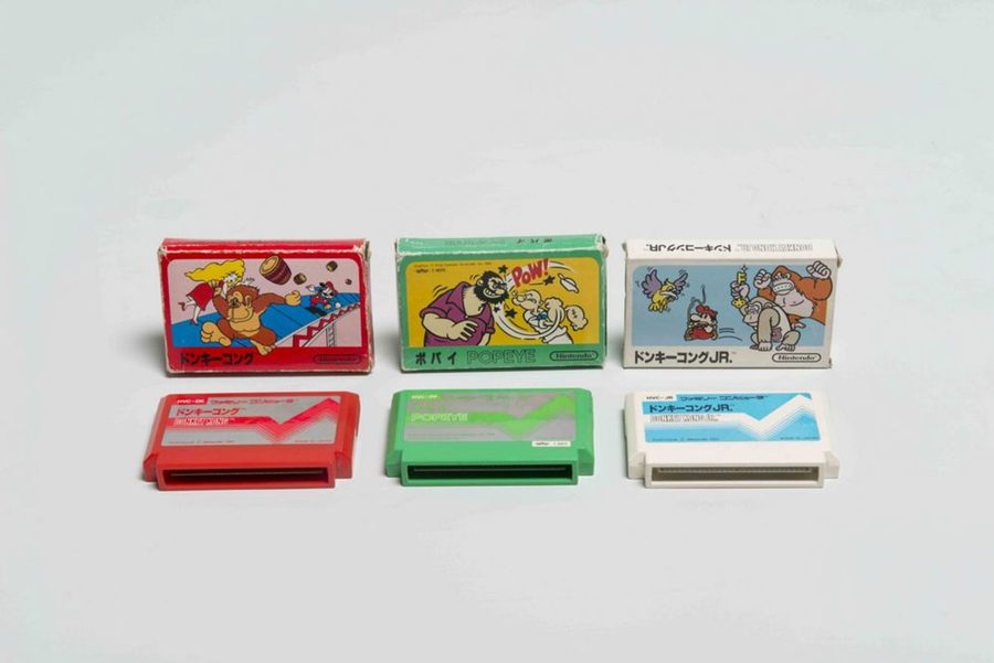 Famicom launch games Donkey Kong, Popeye and Donkey Kong Jr cartridges and boxes