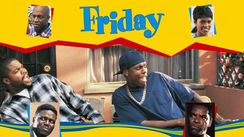 Friday 1995 full cast title card featuring Deebo, Craig, Smokey, Nia Long, and Pop