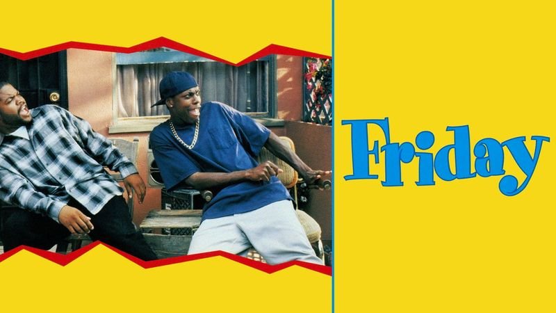 Ice Cube and Chris Tucker on the porch with the Friday movie title