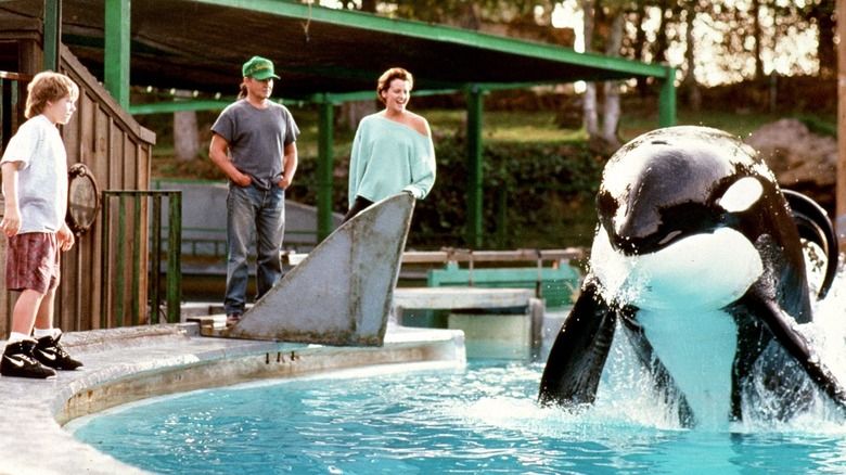 Jesse and the cast beside Willy the orca in Free Willy