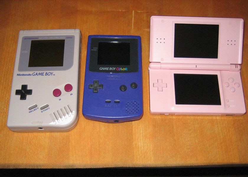 Lineup of Nintendo handhelds showing the original Game Boy, Game Boy Color and Nintendo DS