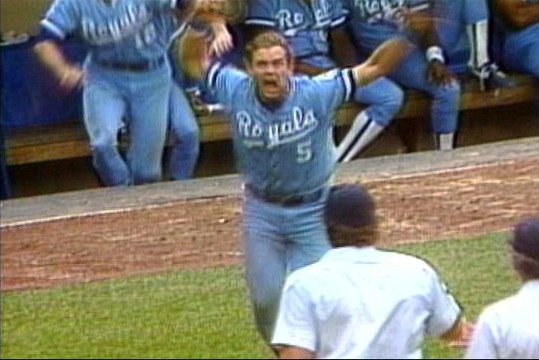 George Brett in Kansas City Royals uniform number 5 charging from the dugout after the Pine Tar ruling at Yankee Stadium July 24 1983