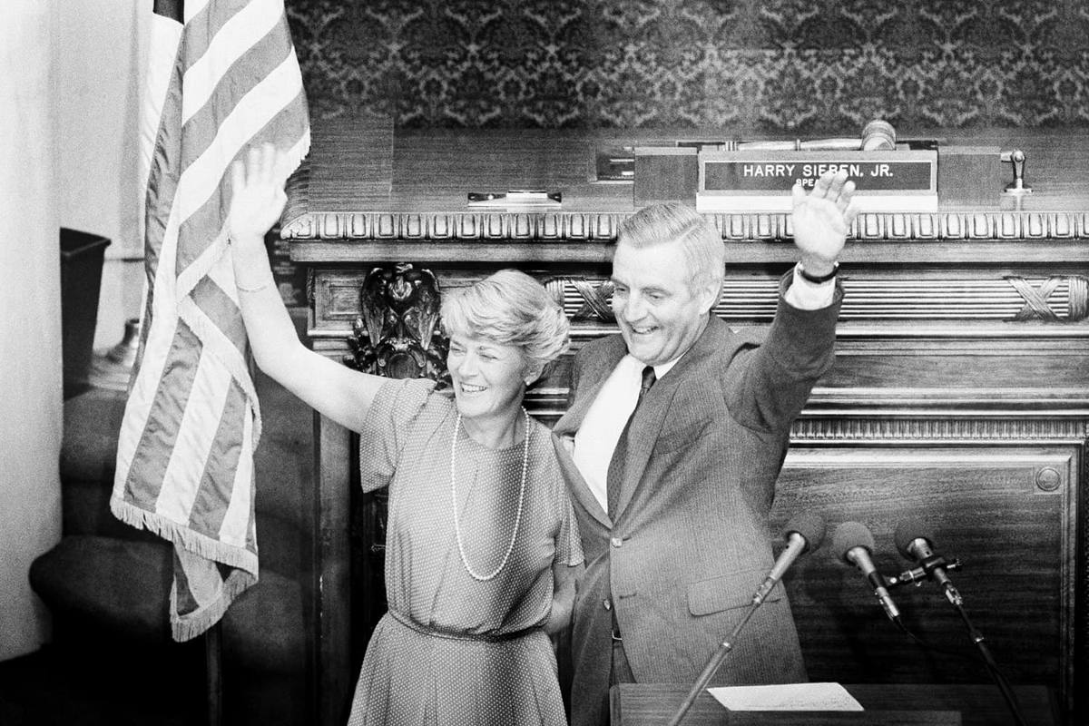 Geraldine Ferraro and Walter Mondale wave after the July 12, 1984 running mate announcement in St. Paul