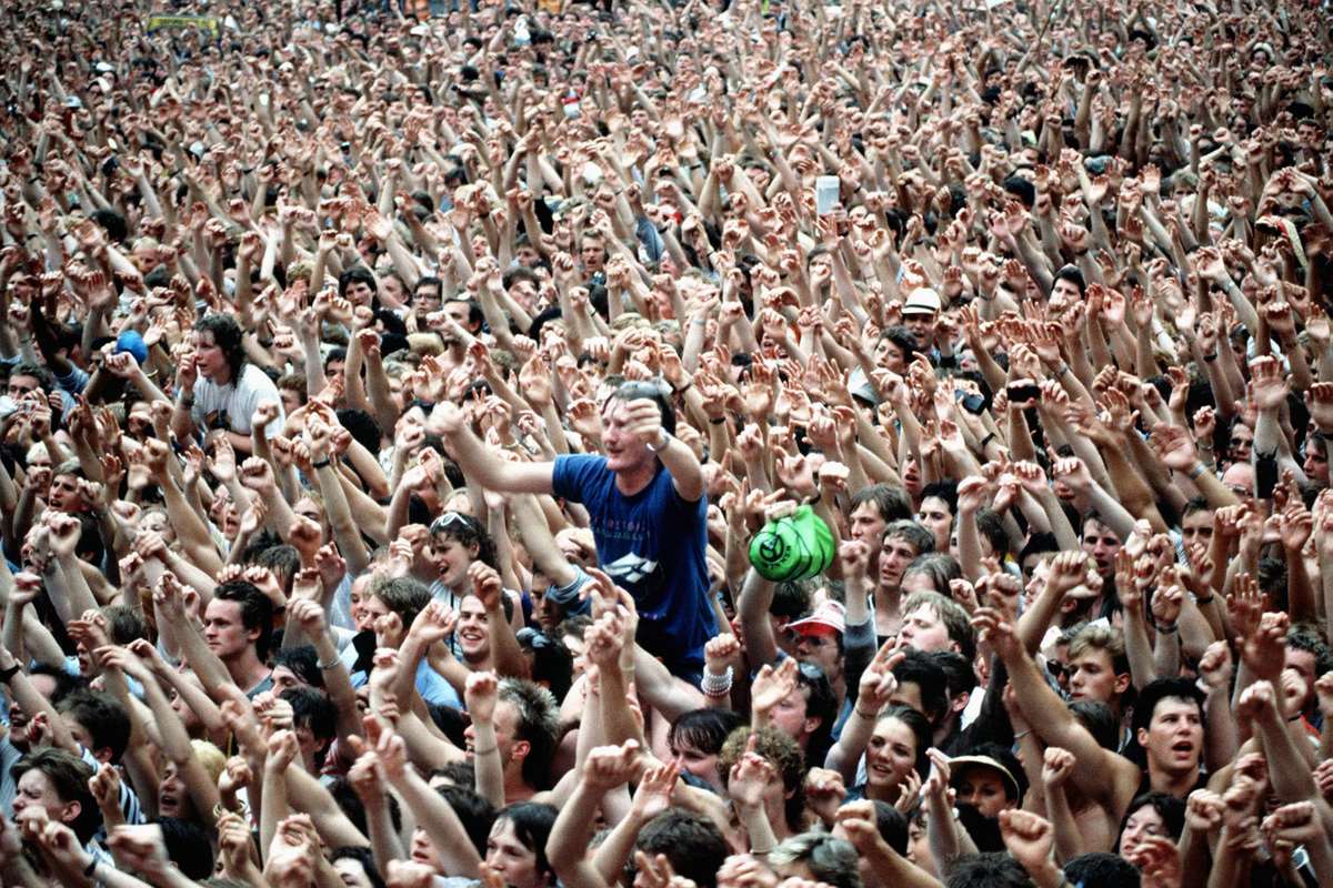 Live Aid crowd at Wembley Stadium on July 13 1985