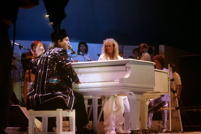 Elton John at the piano during Live Aid 1985