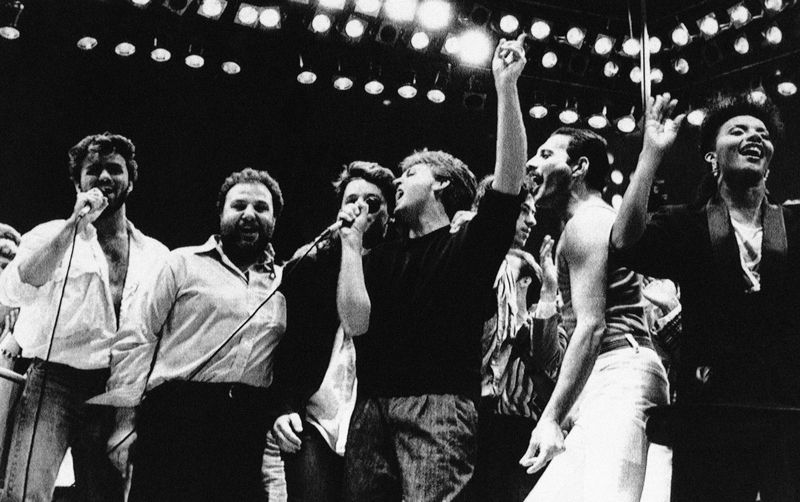 Paul McCartney George Michael and Freddie Mercury at the Live Aid finale