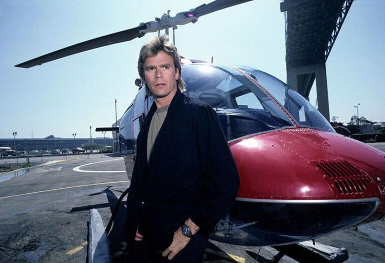 MacGyver TV show star Richard Dean Anderson beside a helicopter