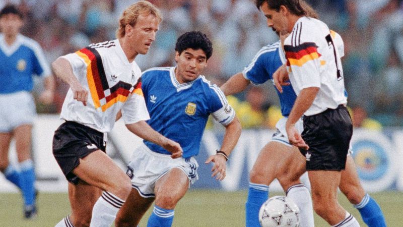 Diego Maradona man-marked by West Germany defenders in the 1990 World Cup Final