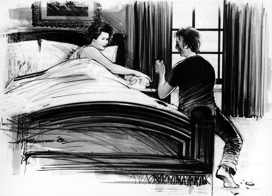 Artist impression of Michael Fagan at Queen Elizabeth II's bedside during the Buckingham Palace break-in