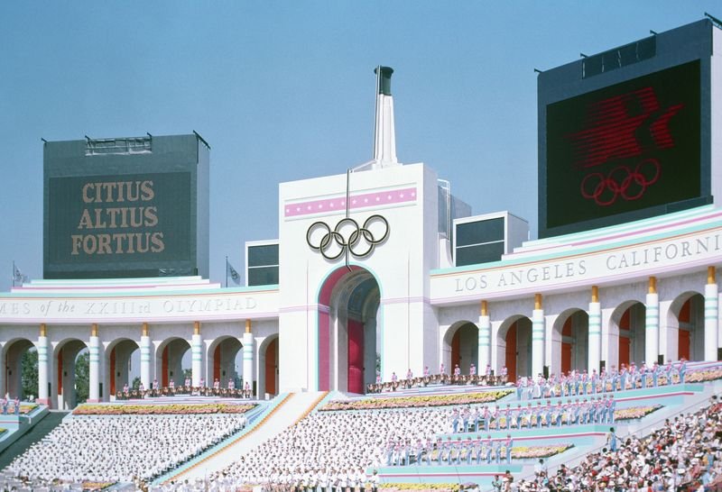 Olympic torch tower at the Los Angeles Memorial Coliseum during the 1984 Summer Olympics