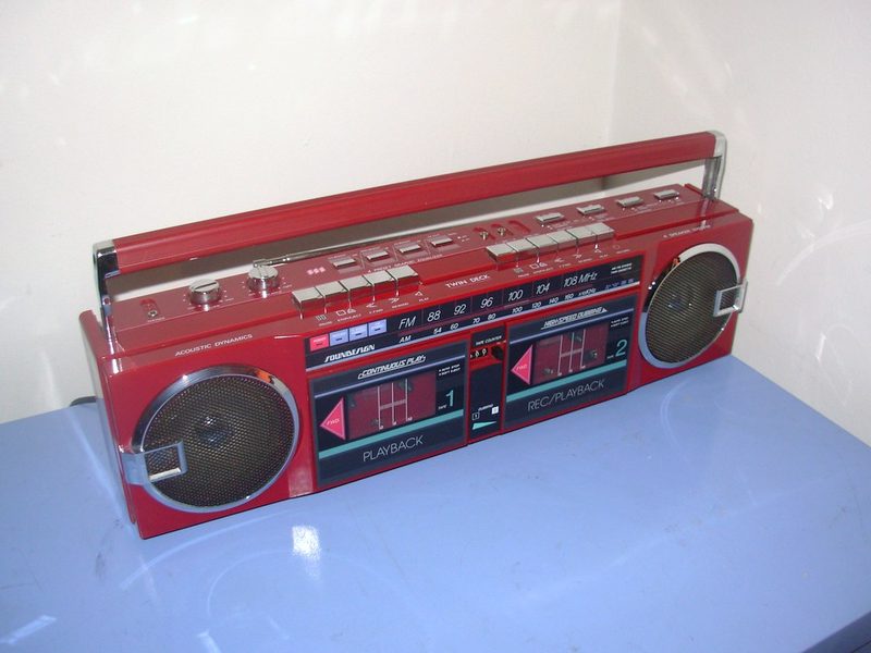 Bright red Soundesign twin-cassette boombox from 1986