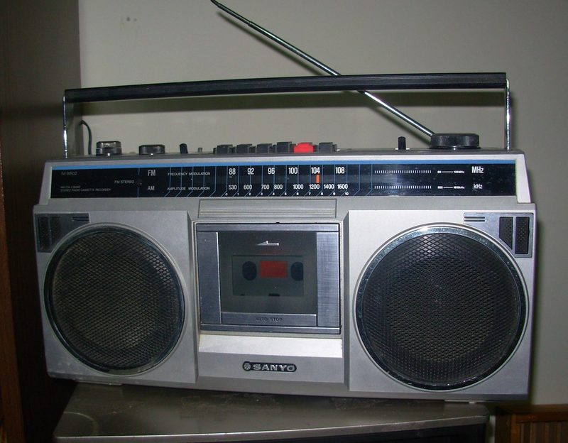 Silver Sanyo M9802 boombox from 1984 with a single cassette deck