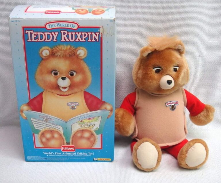 Teddy Ruxpin talking bear next to its original Worlds of Wonder box
