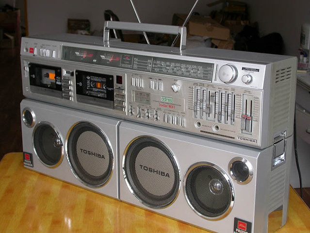 Toshiba BomBeat WX-1 boombox with four speakers, a 1980s ghetto blaster icon