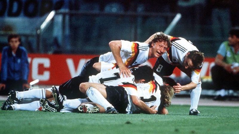 West Germany players celebrate at the Italia 90 World Cup Final
