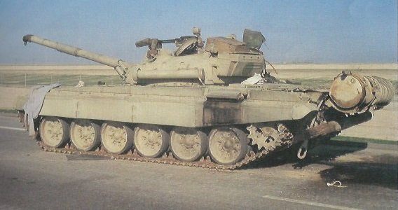 Abandoned Iraqi T-72 main battle tank in the desert during the Gulf War