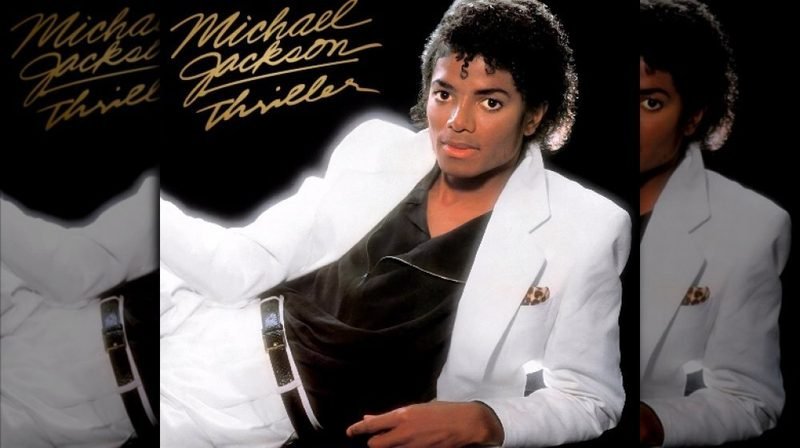 The iconic Thriller album cover — Michael Jackson in a white suit released November 1982