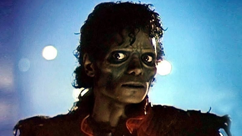 Michael Jackson in full Rick Baker zombie makeup during the Thriller music video