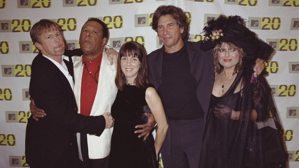 The original five MTV VJs — Mark Goodman, Nina Blackwood, Alan Hunter, Martha Quinn, and J.J. Jackson