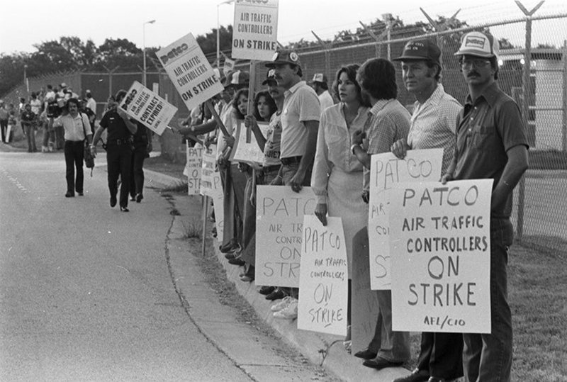 PATCO air traffic controllers picketing at DFW Airport FAA tower during 1981 strike