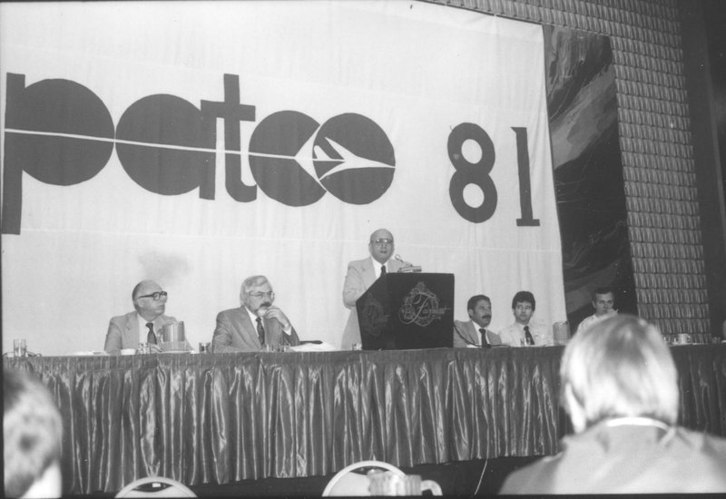 PATCO president Robert Poli speaking at podium during 1981 air traffic controllers strike