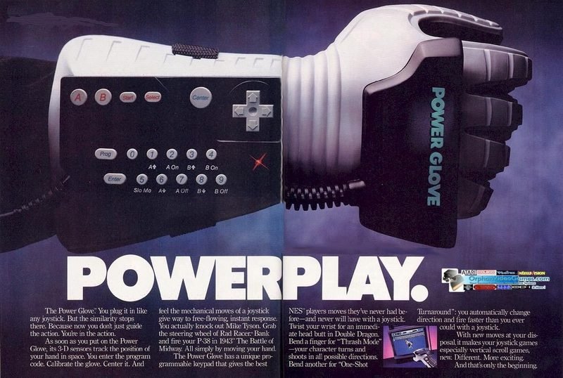 1989 Nintendo Power Glove magazine advertisement reading POWERPLAY with dramatic sci-fi imagery
