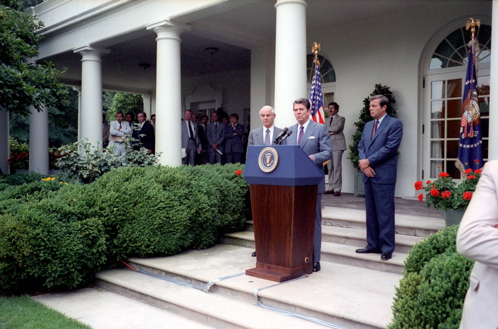 Reagan with Attorney General William French Smith and Transportation Secretary Drew Lewis announcing the PATCO ultimatum from the White House Rose Garden, August 3, 1981