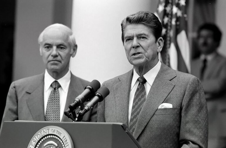 President Reagan making statement to press regarding PATCO air traffic controllers strike Rose Garden August 3 1981