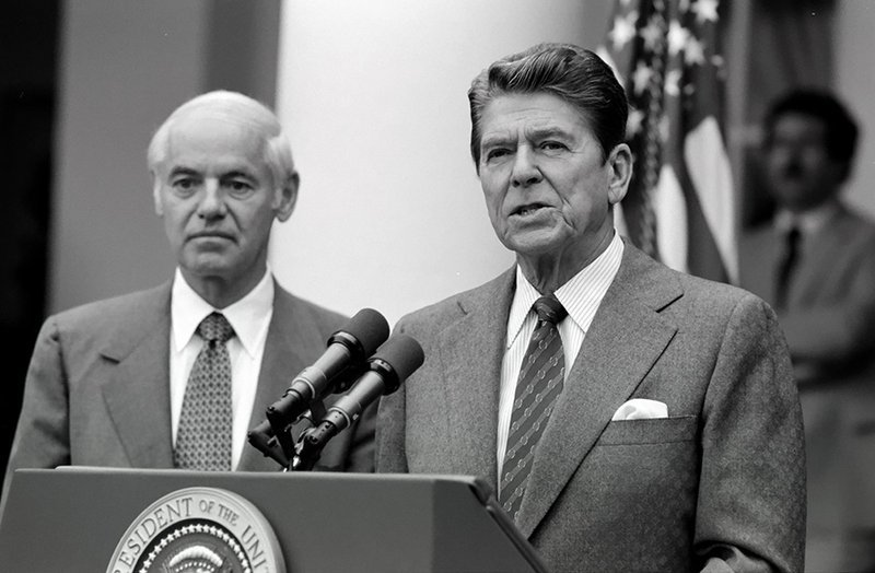 President Reagan making statement to press regarding PATCO air traffic controllers strike Rose Garden August 3 1981