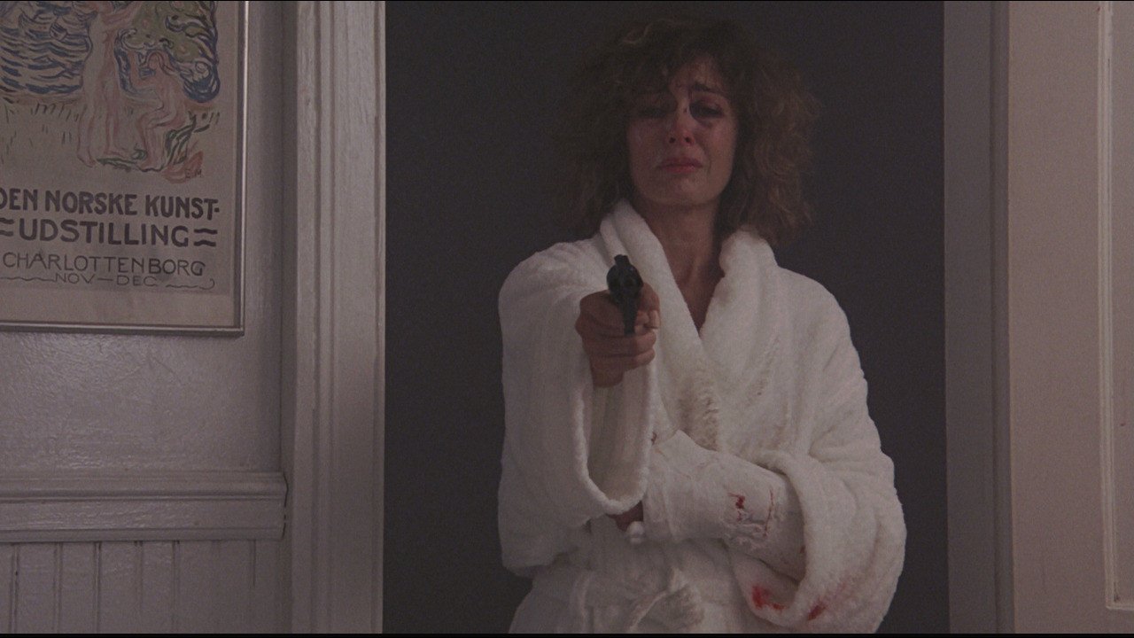 Michael Douglas and Glenn Close in a tense stairwell scene from Fatal Attraction 1987
