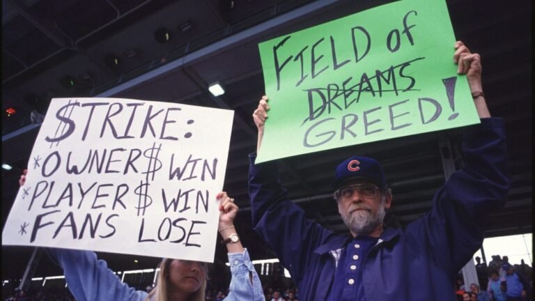 1994 MLB strike fans protest at Wrigley Field with signs against the baseball work stoppage