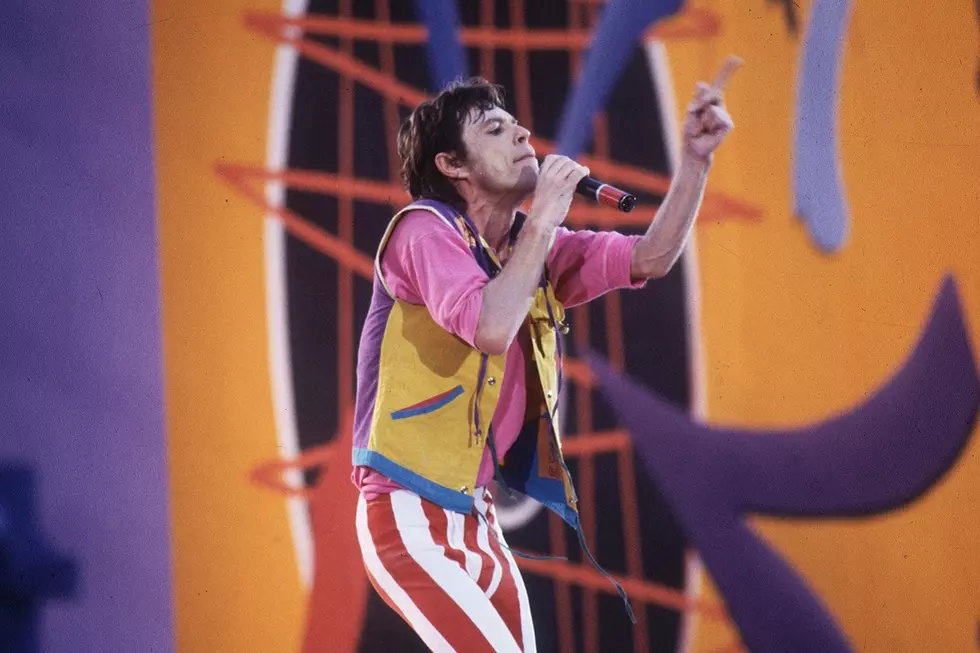 Mick Jagger performing in his colorful stage outfit during the Rolling Stones 1981 American Tour